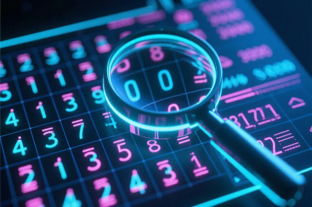 放大镜观察数字网格与周期数据的概念图